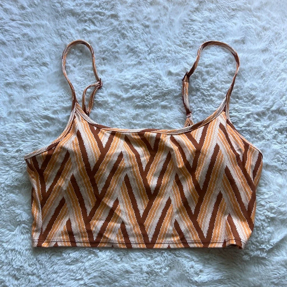 Aerie Real Good Orange Brown Chevron Geometric Scoop Neck Bikini Top Small NWOT